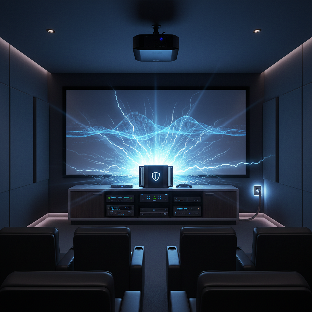A modern home theater projector setup with a dramatic lightning-like power surge effect in the background, emphasizing protection against electrical surges.