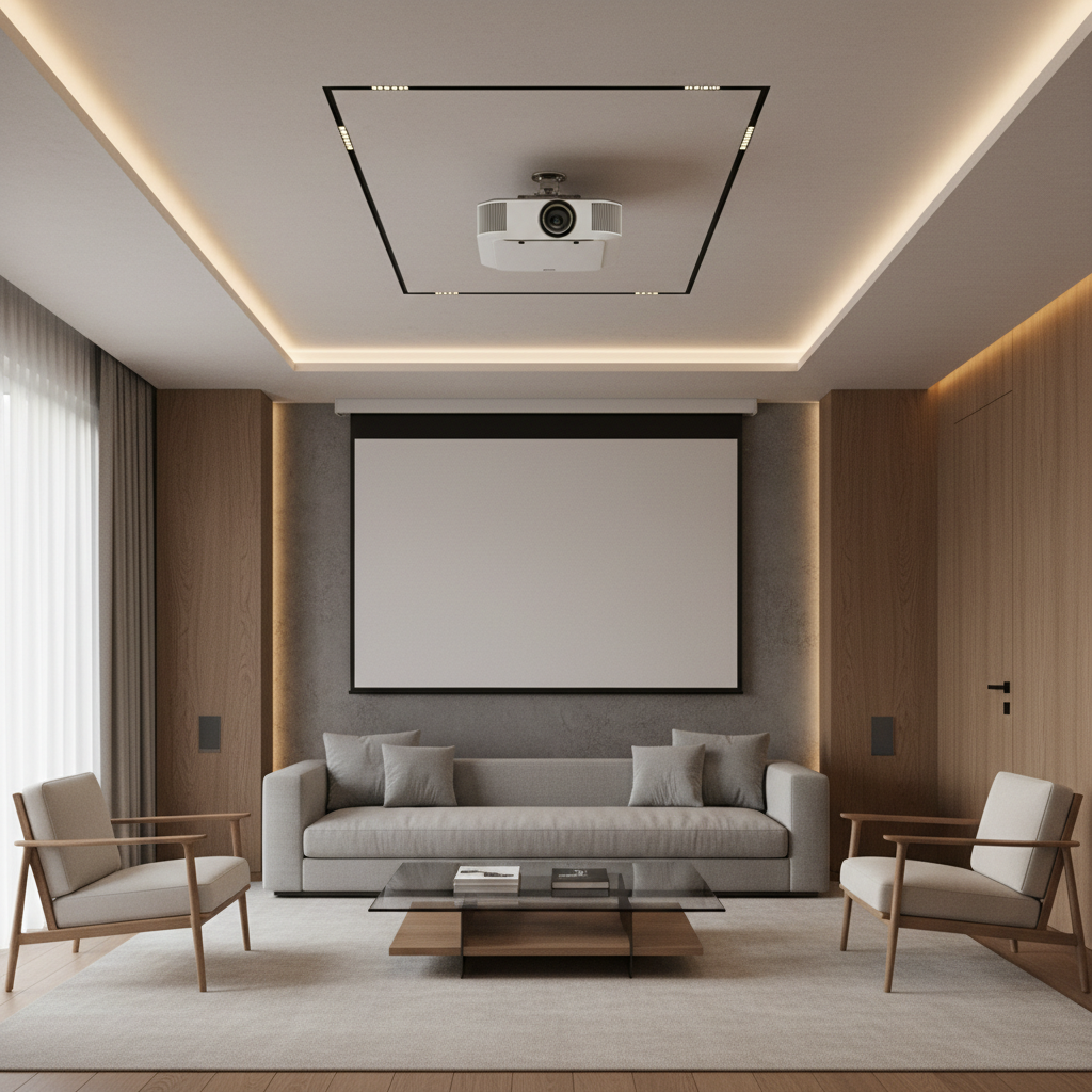 A ceiling-mounted projector in a modern home theater with cables fully hidden for a clean minimalist look.