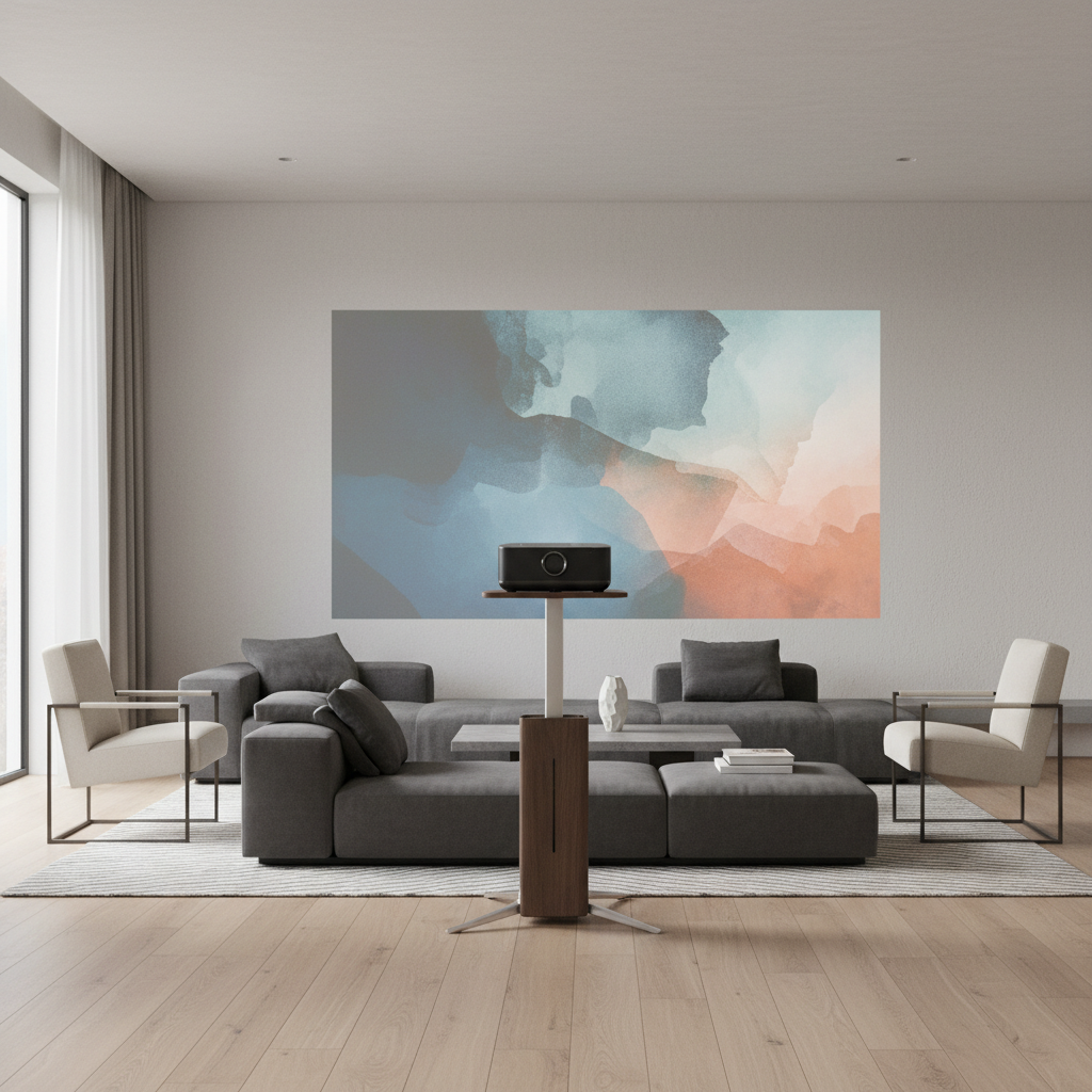 A modern living room with a sleek projector floor stand holding a projector and projecting a large image onto the wall.