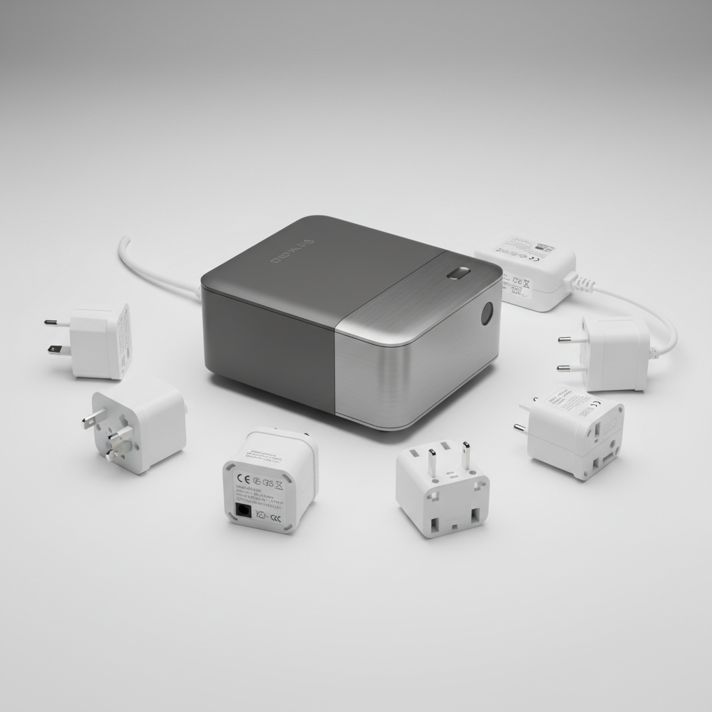 A projector surrounded by international power adapters and visible voltage markings, illustrating global power compatibility.