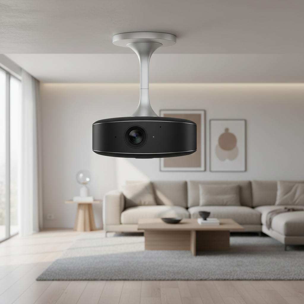 A modern ceiling-mounted projector with a clean proprietary mount in a contemporary living room.