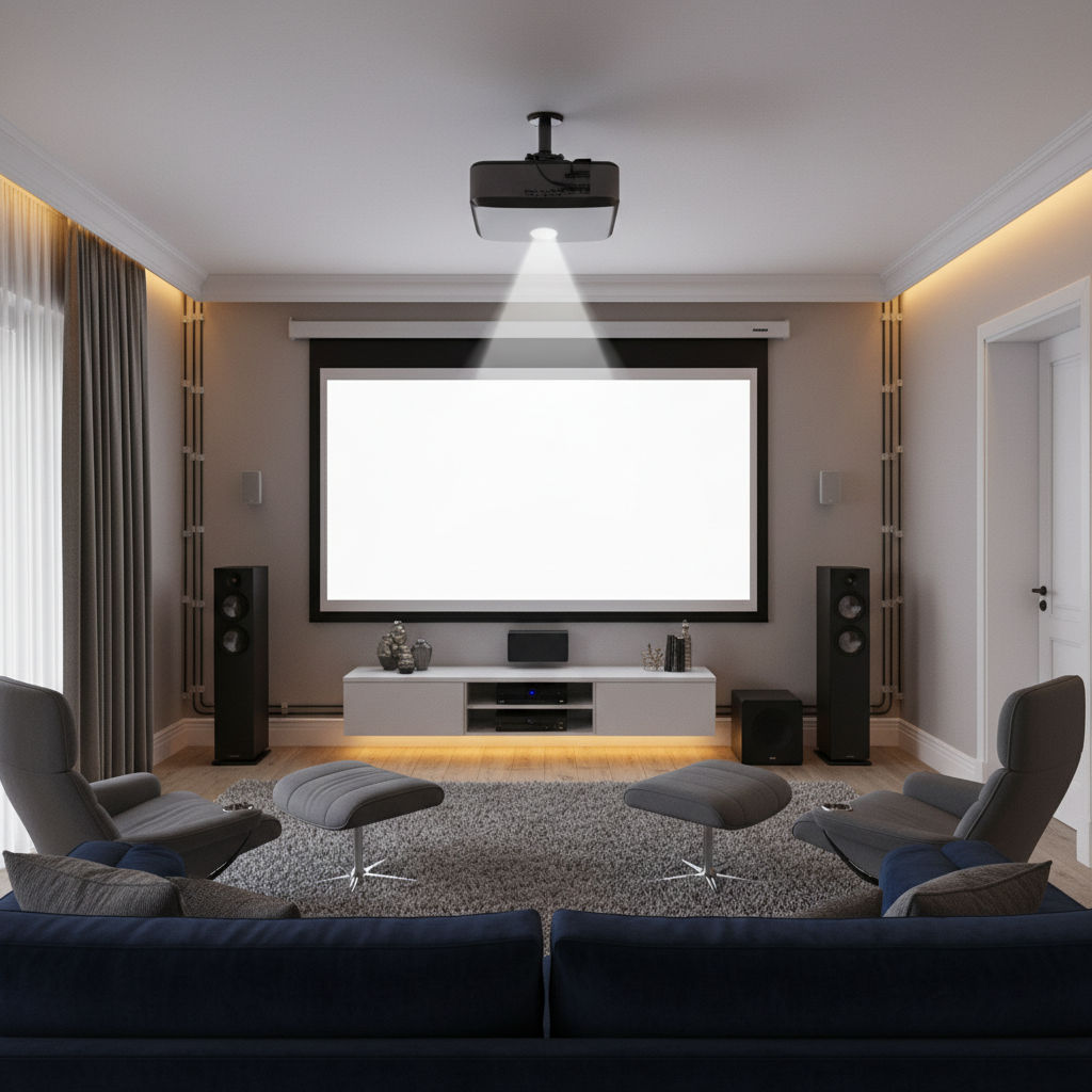 A cozy modern living room turned into a dramatic home theater with a projector, large screen, speakers, and subtle cables.