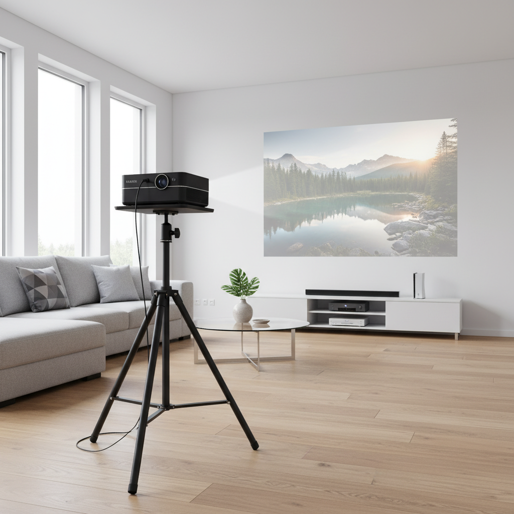 A modern projector mounted on an adjustable stand in a clean living room, casting a sharp image on the wall.