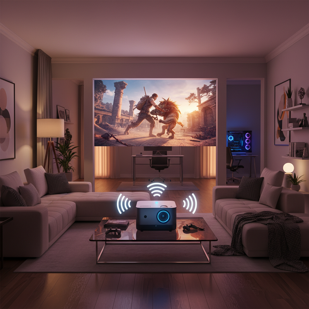 A cozy living room with a large projected action game scene on the wall, a modern smart projector on a table, a gaming PC visible through a doorway in the distance, and subtle wireless connection cues.