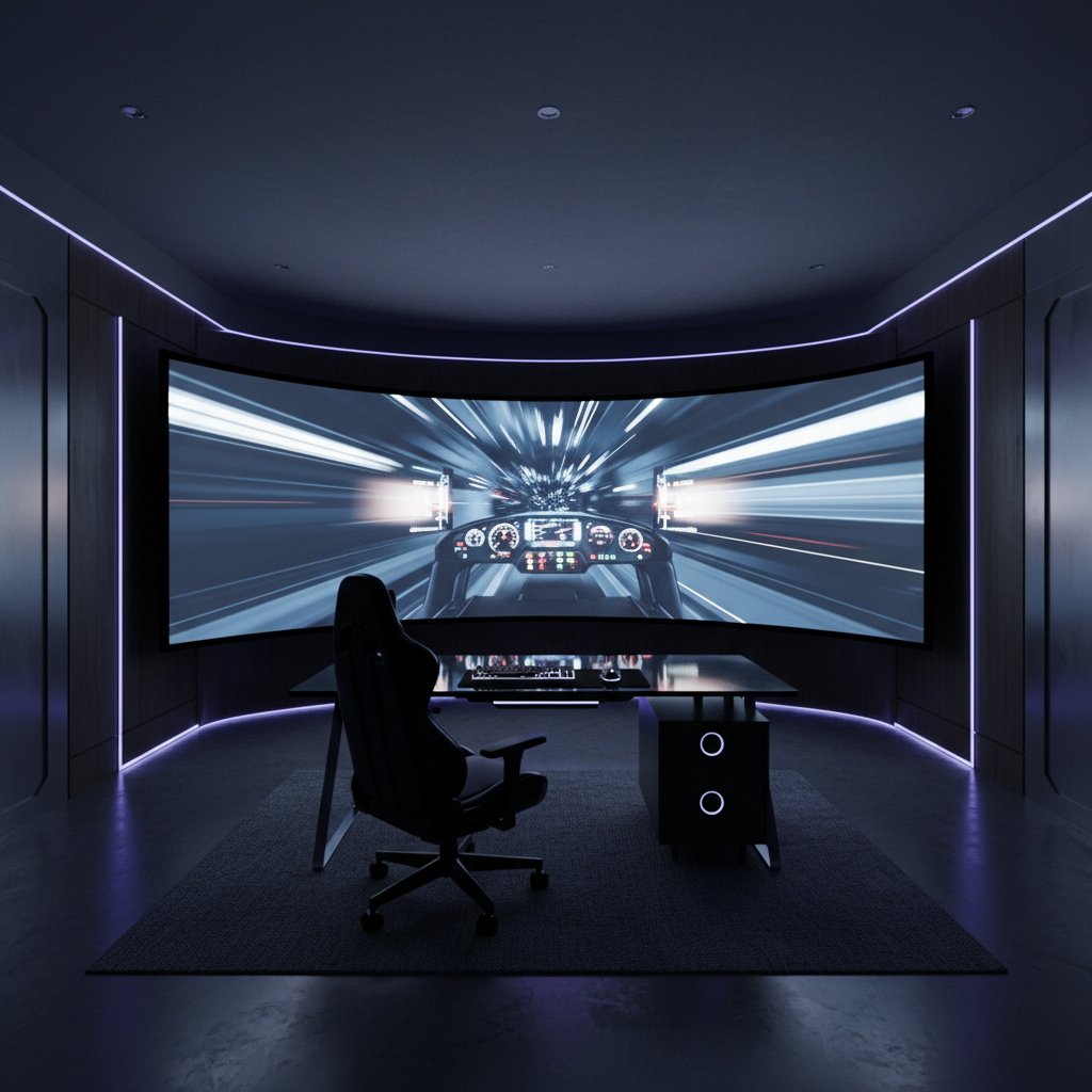 A curved projector screen in a dark gaming room showing an immersive racing or flight simulation scene.