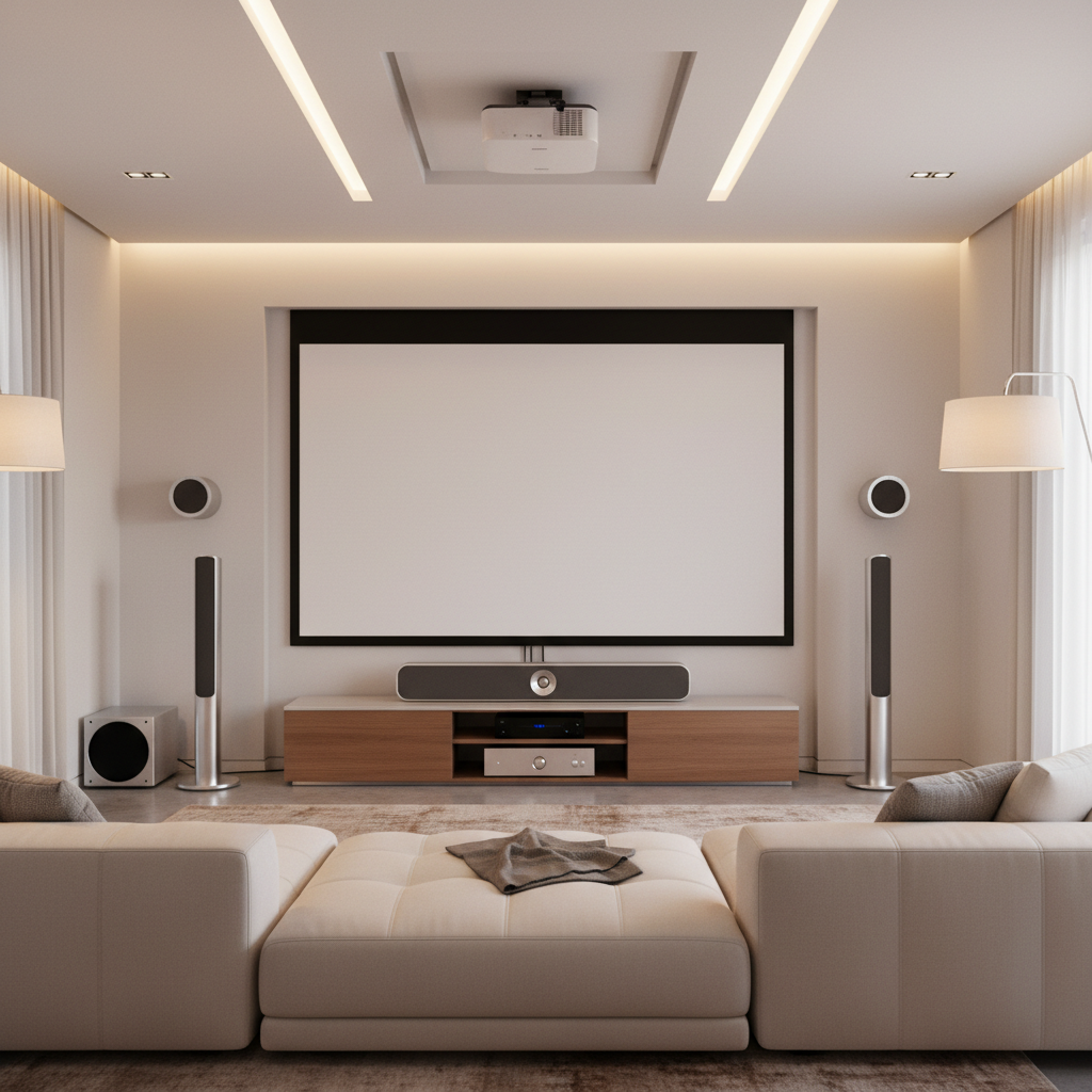 A modern living room home theater setup with a projector, soundbar, and surround speakers integrated for better audio.