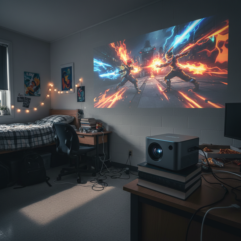 A compact portable projector casting a vivid gaming scene onto a dorm room wall in a cluttered, dimly lit student room.