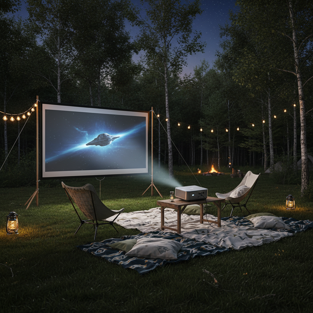 An outdoor movie setup at night in a natural camping setting with a projector, large screen, blankets, and warm ambient lighting.