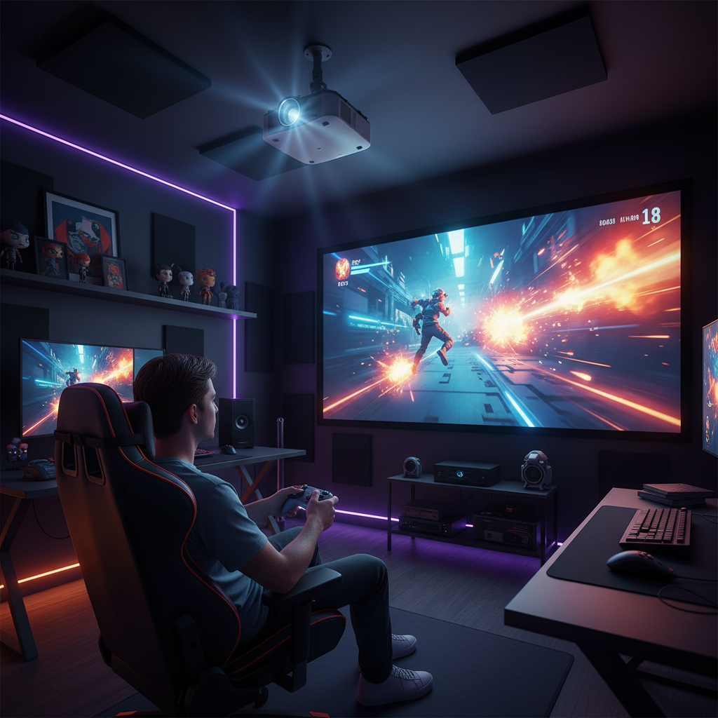 A gamer in a dark room playing a fast-paced action game on a large projected screen, holding a controller, with sharp motion and a clear modern setup.