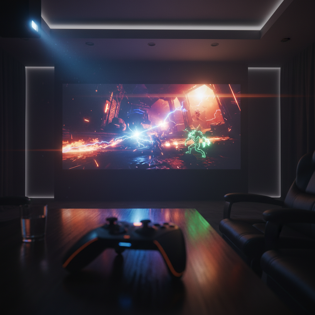 A dark room with a large projected gaming scene, a game controller in the foreground, and vivid HDR colors on the screen.