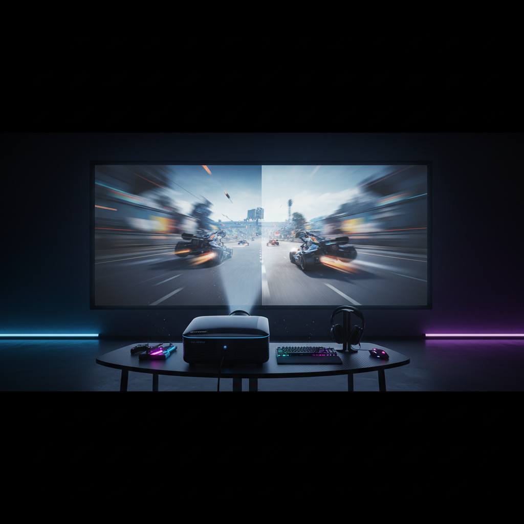 A projector displaying a fast-paced gaming scene on a wall, contrasted with a sharp static 4K image, emphasizing smooth motion and modern esports style.