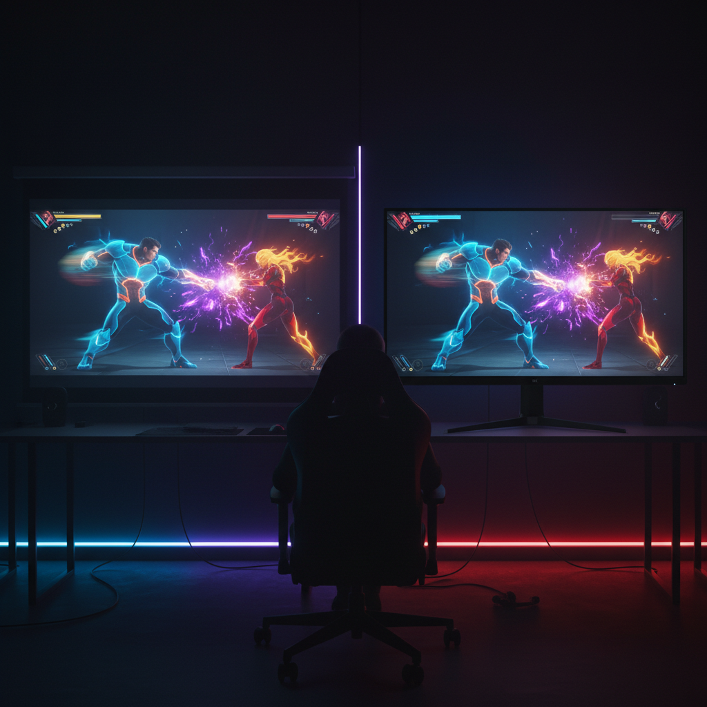Side-by-side gaming scene comparing a projector display and a monitor during a fighting game combo in a dark room.