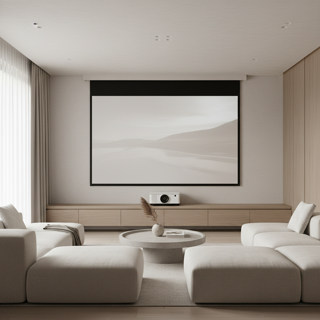 A modern minimalist living room with a UST projector on a sleek media console, a large wall screen, and no visible cables.