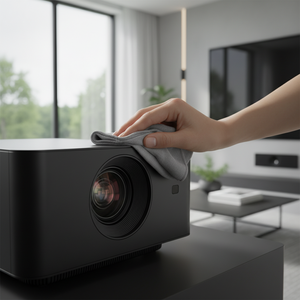 Person gently cleaning a modern projector lens with a microfiber cloth in a clean home theater setup