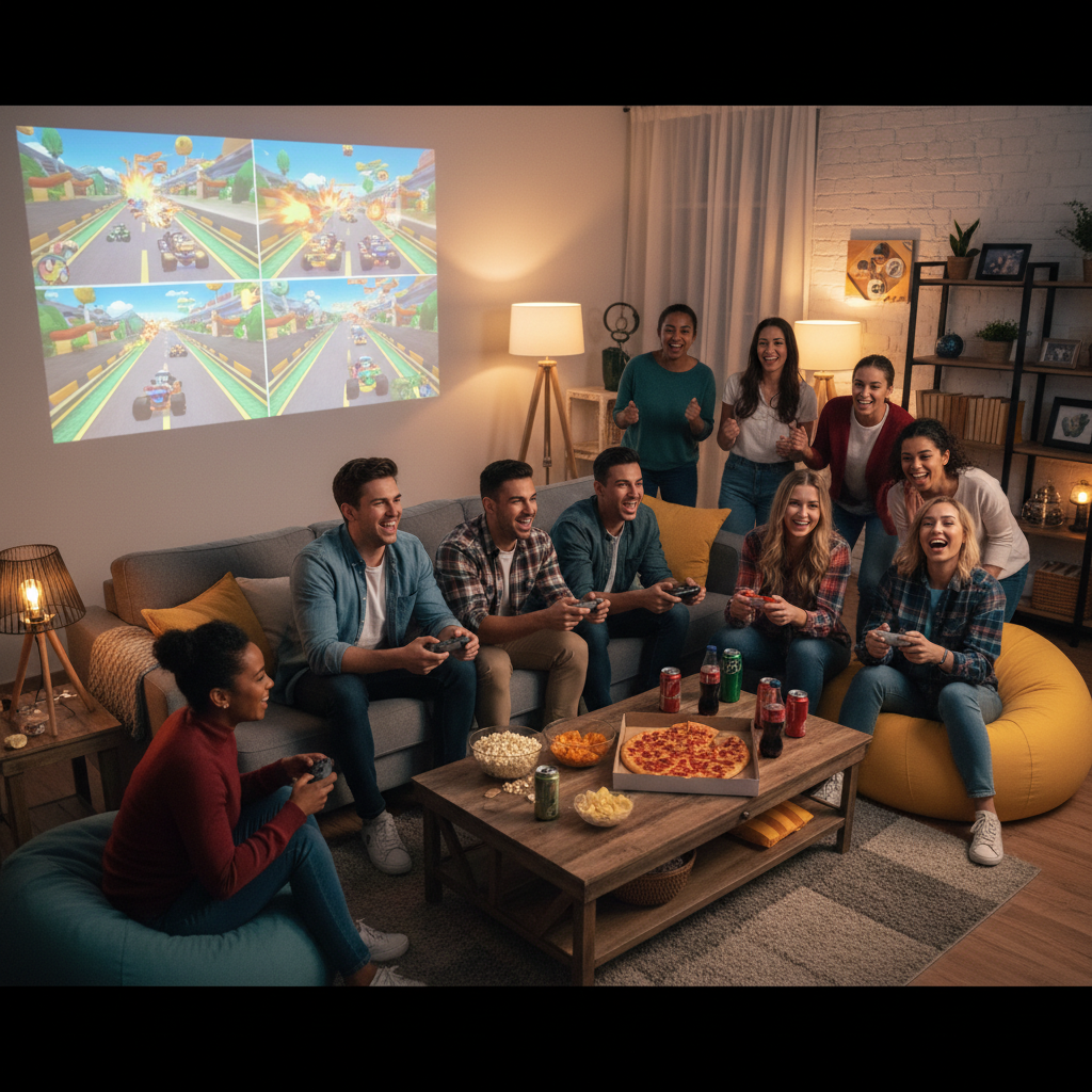 A group of friends and family playing a four-player couch co-op game together in a living room projected onto a massive screen.