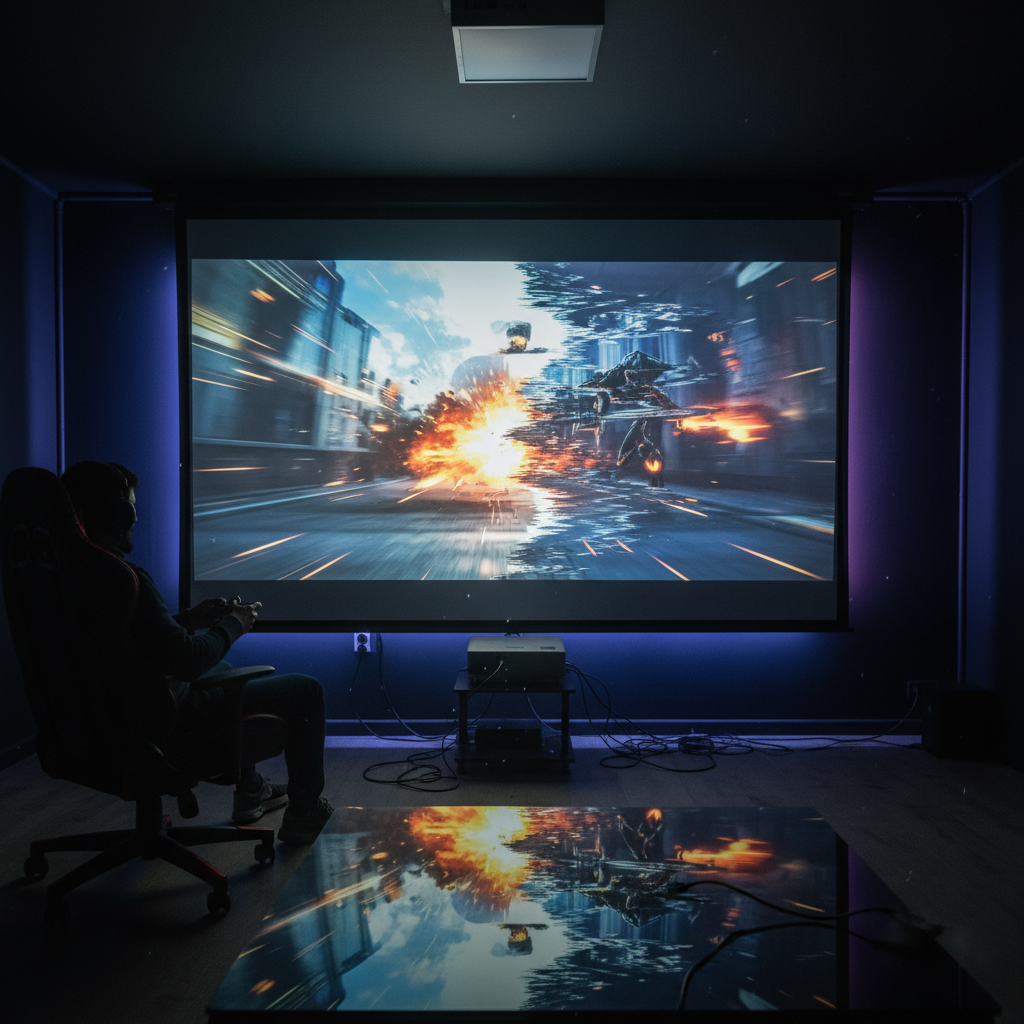 A dark gaming room with a large projected game image showing visible screen tearing, suggesting a before-and-after improvement.