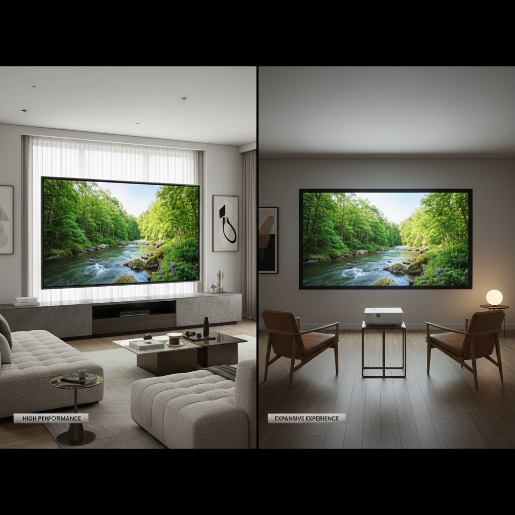 A modern living room shown as a dramatic side-by-side comparison between a large premium 85-inch TV and a short-throw laser projector setup projecting a 100-inch image onto an ALR screen, emphasizing cost comparison.