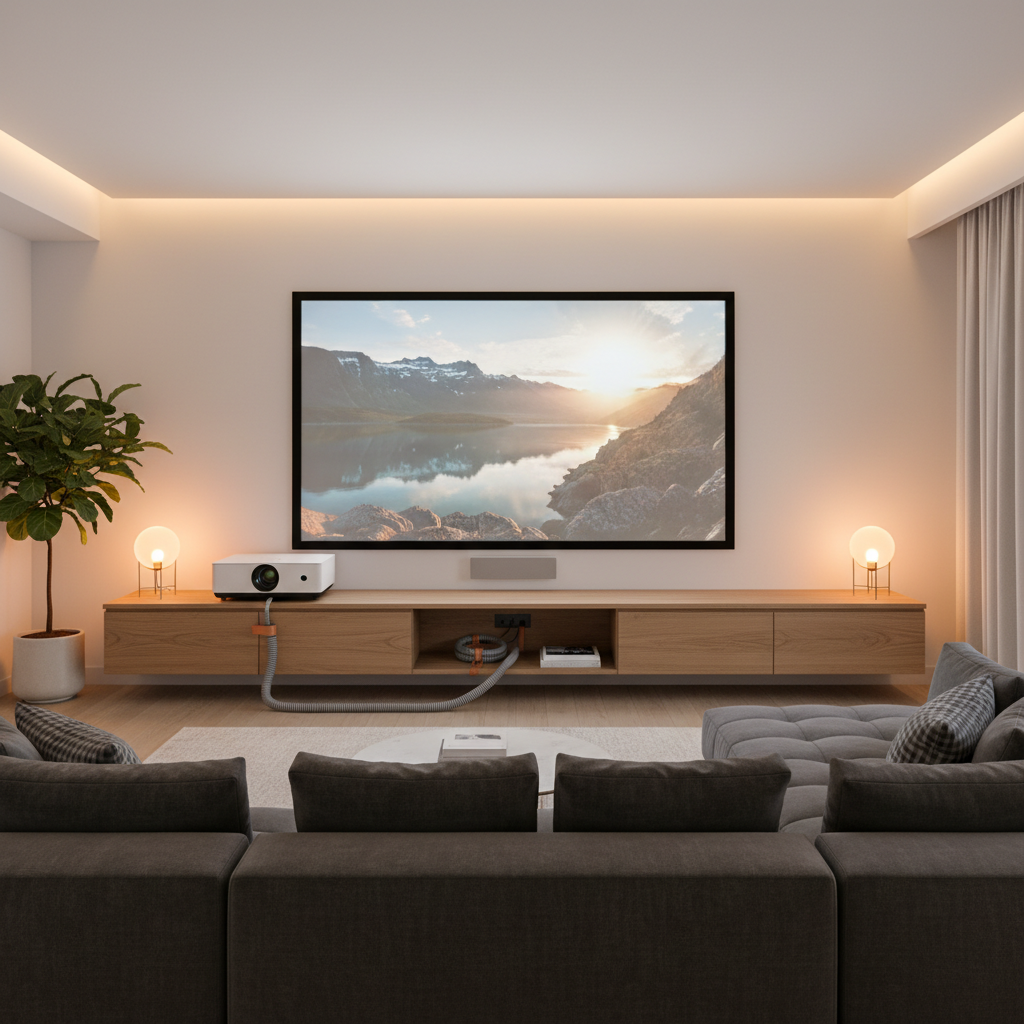 Modern living room with ultra short throw projector on low media console projecting large clear image onto wall screen