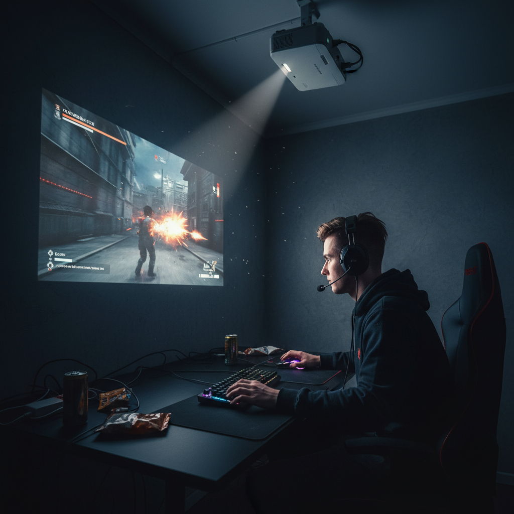 A gamer playing a fast-paced first-person shooter on a projector in a dark room with a responsive, low-latency feel.