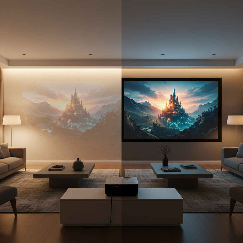 A side-by-side comparison of a UST projector image on a textured living room wall versus a crisp ALR screen in the same modern room.