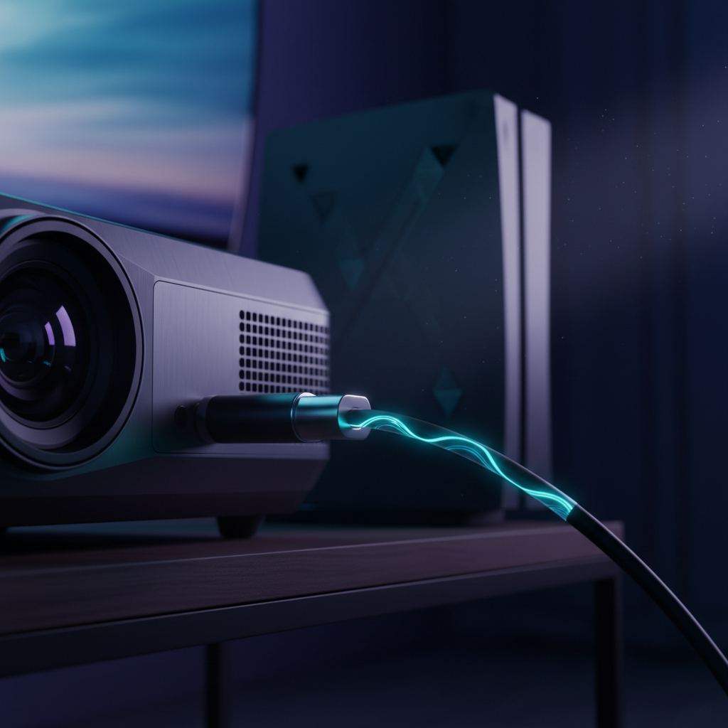 A close-up of an HDMI cable plugged into a modern 4K gaming projector in a home gaming setup, with a console visible and dramatic high-speed data flow visuals.