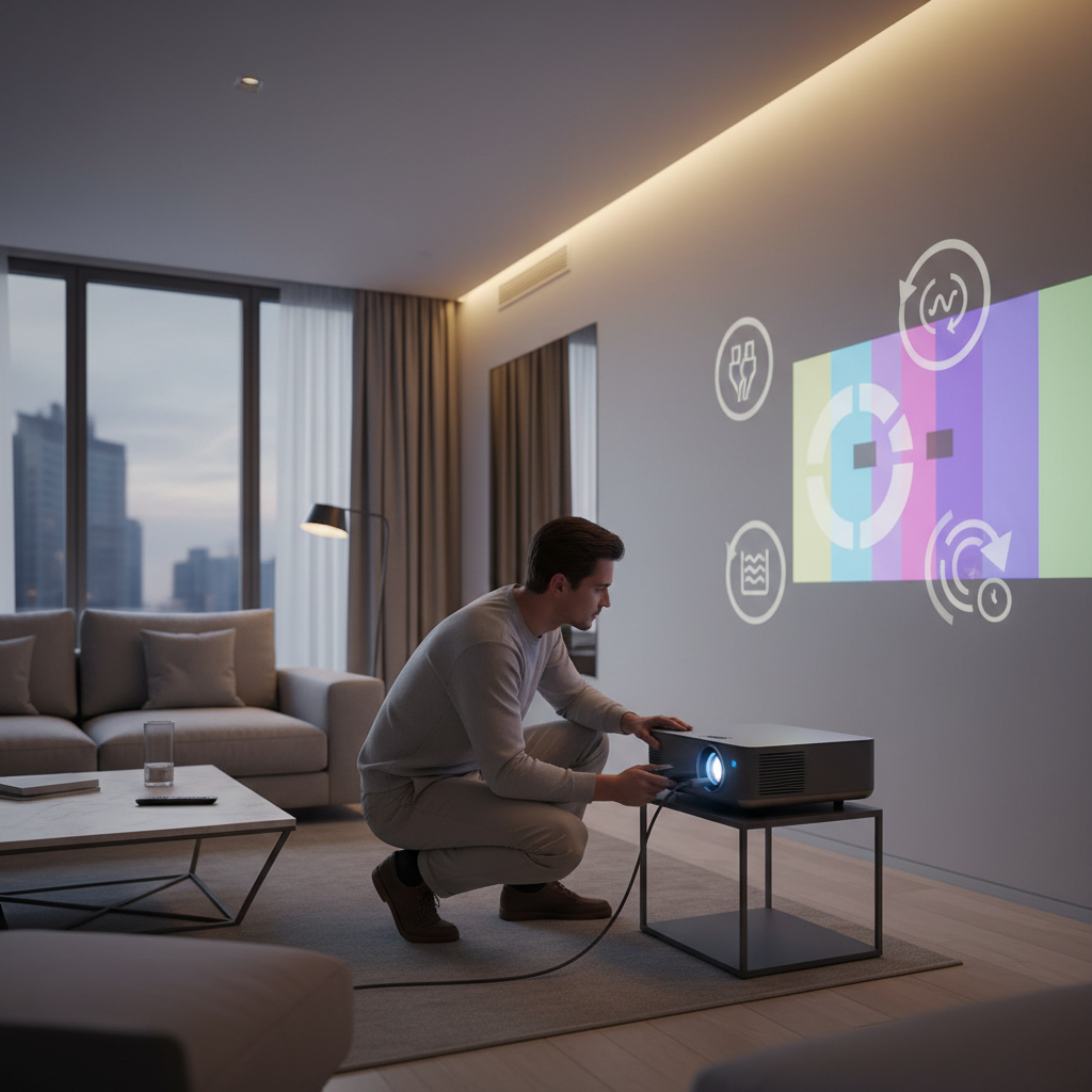Person troubleshooting a modern home projector in a living room, with visual cues for HDMI cable, blurry image, and lag issues.
