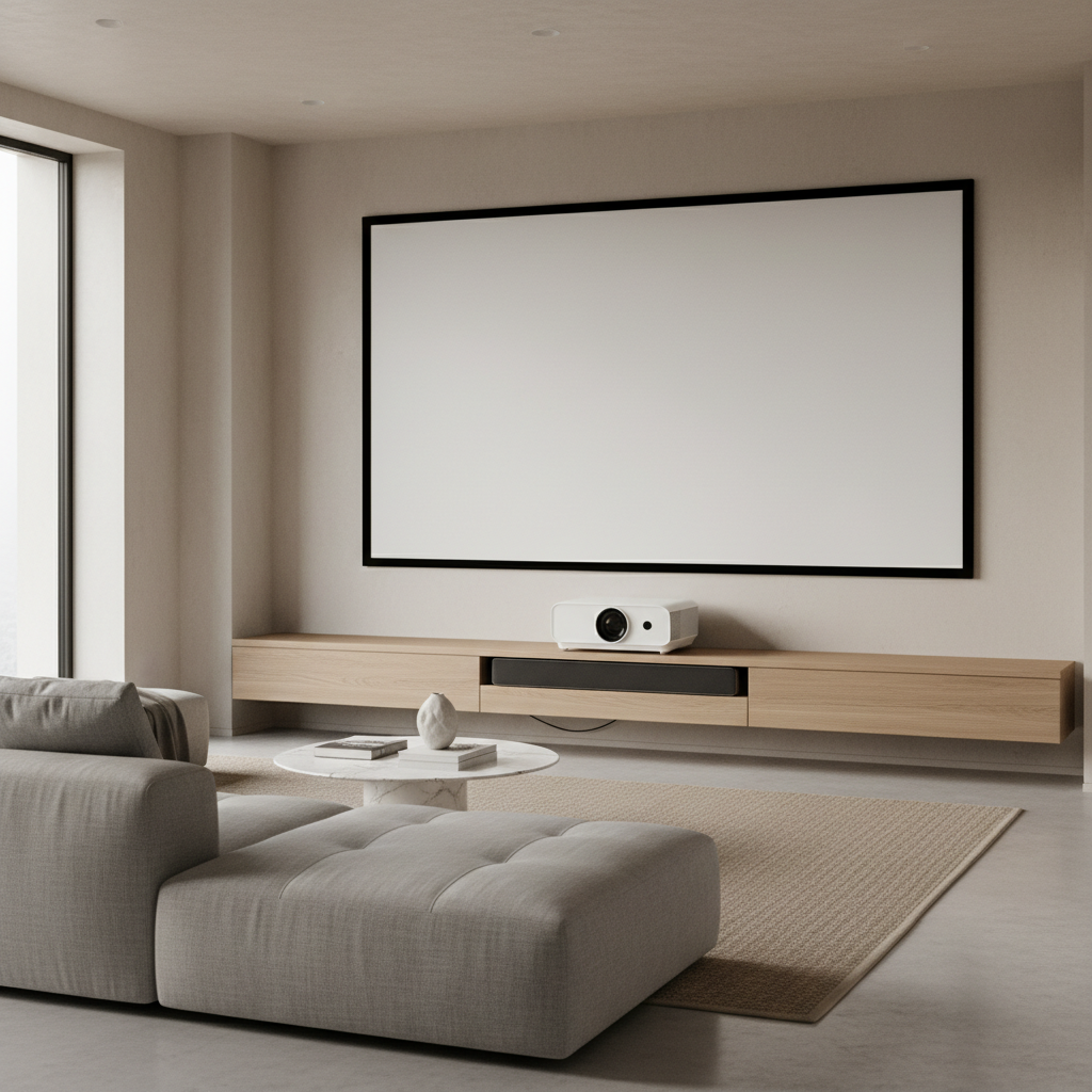 A modern living room with an ultra-short-throw projector on a console, an ALR screen on the wall, and a seamlessly integrated soundbar beneath the screen.