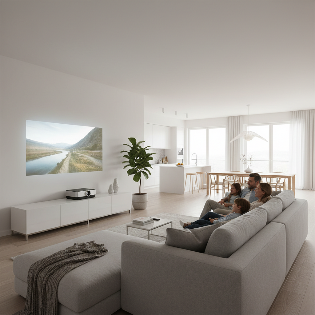 A modern open-concept living room with a UST projector on a low cabinet projecting a large bright image on the wall, with a family seated comfortably on a sofa.