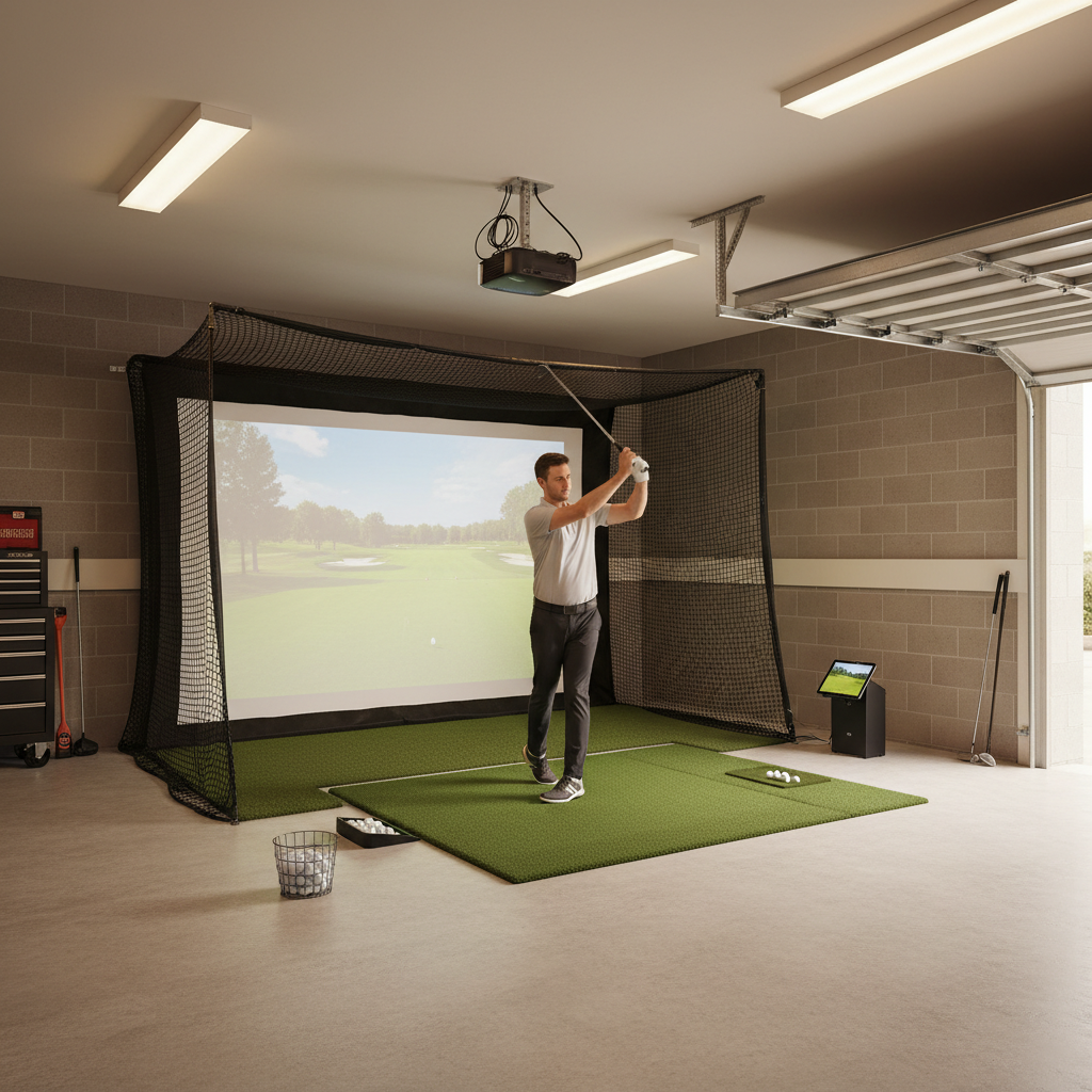 A clean garage golf simulator setup with a golfer swinging in front of a large impact screen and a short-throw projector mounted close to the screen.