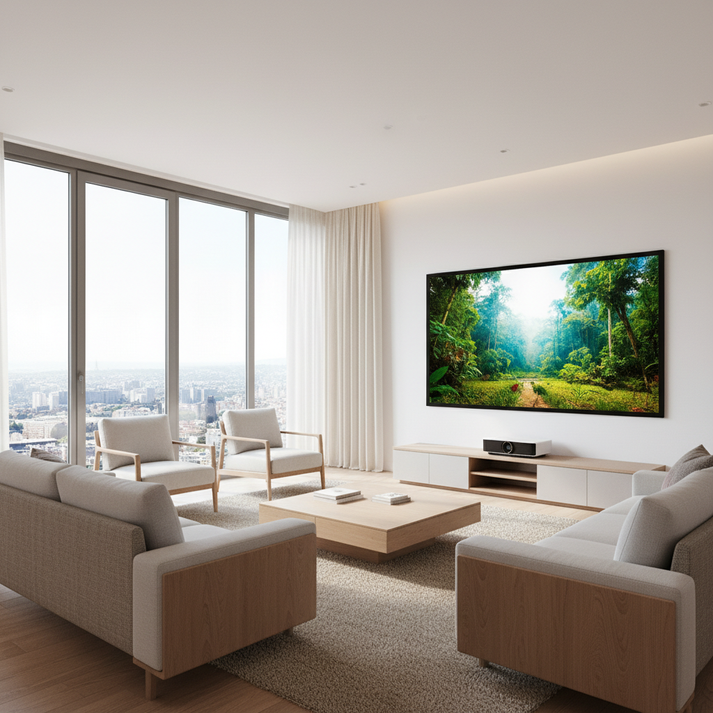A modern living room with floor-to-ceiling windows and a bright, clear projected image despite daylight, illustrating glare-free UST projector use.