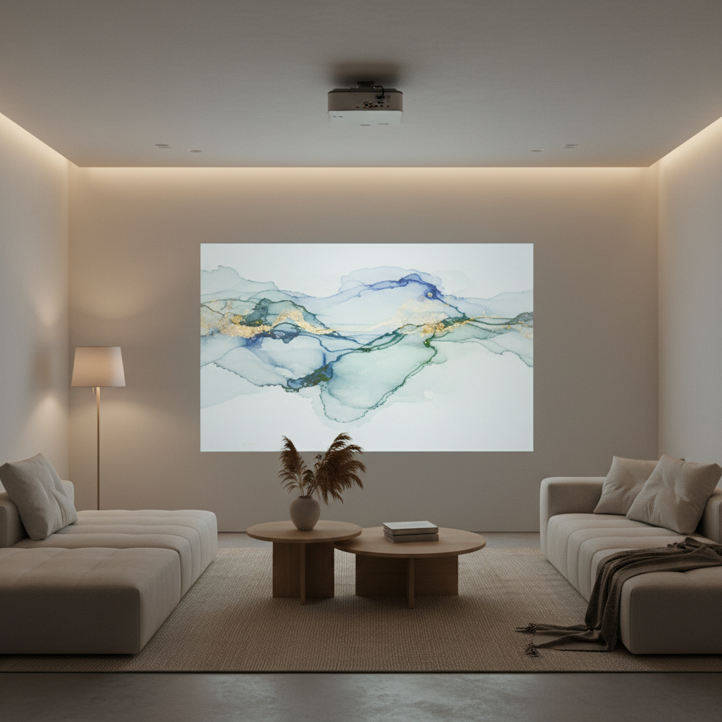 A modern living room with a projector casting a static digital painting safely on a wall in warm ambient light.