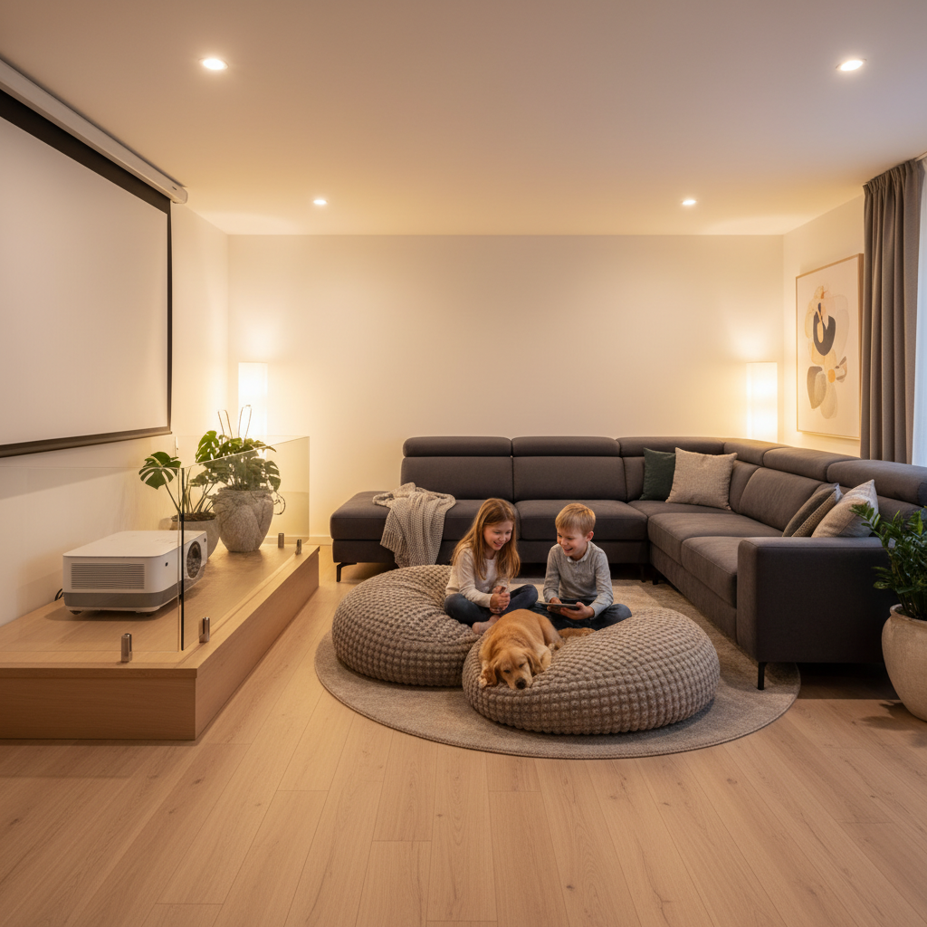 A warm modern family living room with a short-throw projector safely positioned on a raised stand, while children and a pet are nearby but not touching it.