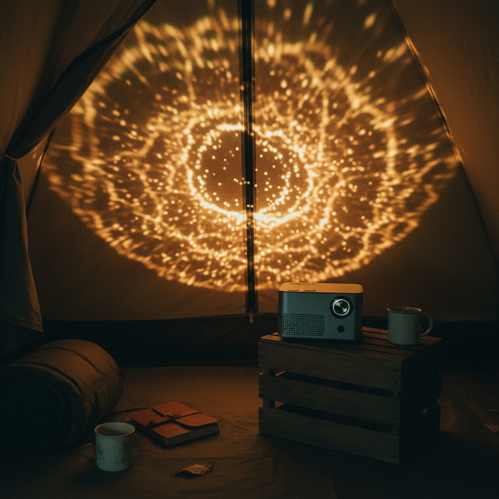 A portable projector casting warm, textured ambient art patterns onto a wall inside a cozy tent at night.