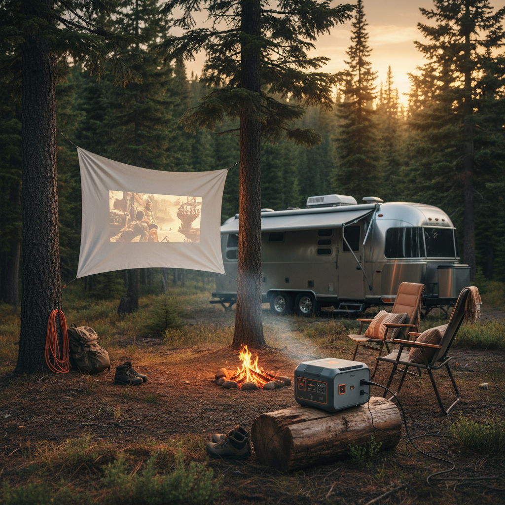 A portable projector displaying a movie outdoors at a campsite beside a portable power station in warm evening light.