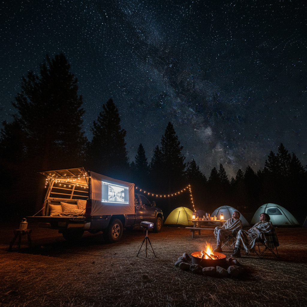 A truck bed transformed into an outdoor movie theater at night, with a projector, screen, camping lights, and people sitting comfortably under the stars.
