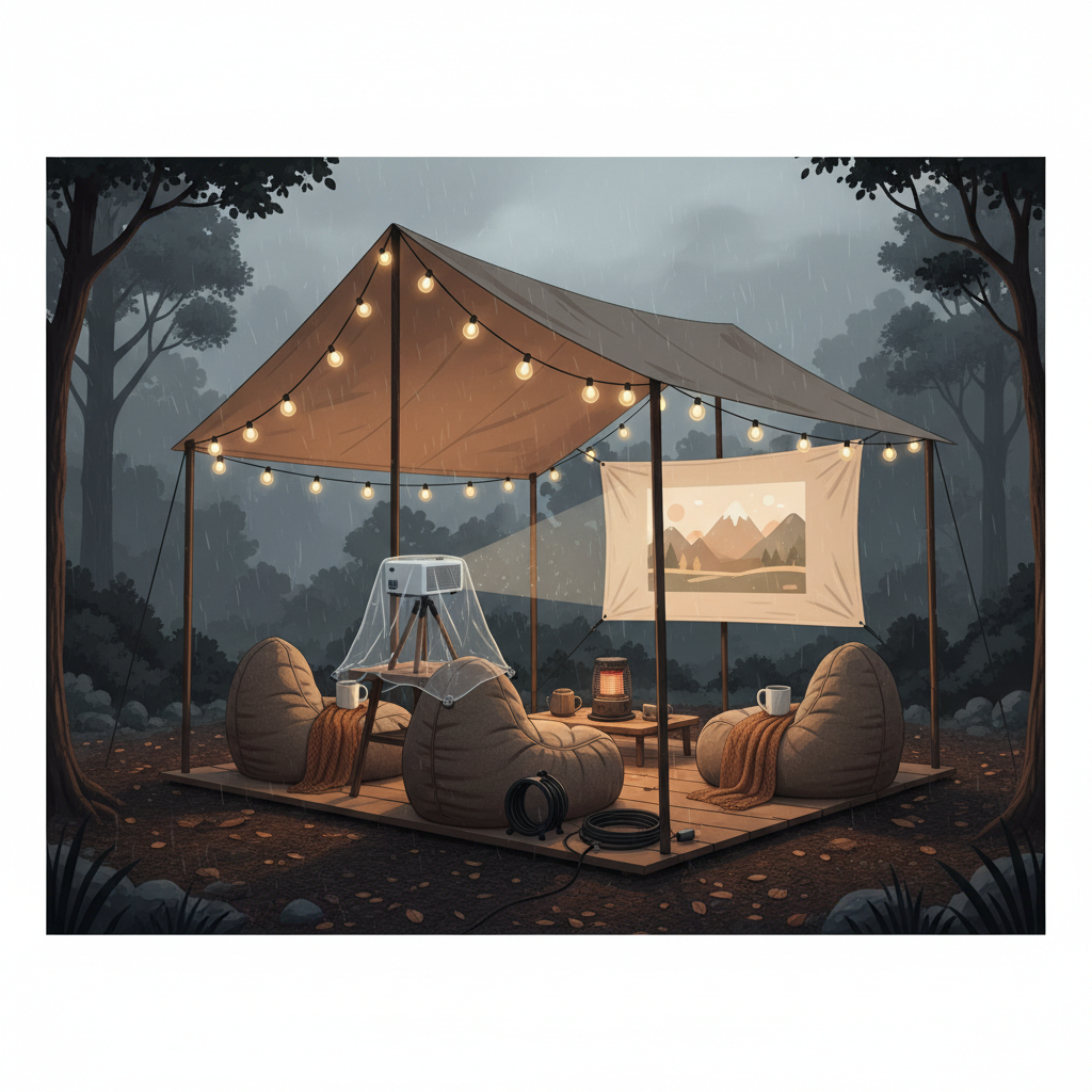 An outdoor camping scene with a portable projector protected by a canopy, showing light rain clouds and a safe weather-resistant setup.