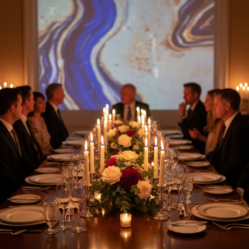 Elegant dinner party table with subtle projector ambient visuals on the wall in a sophisticated, candlelit atmosphere.