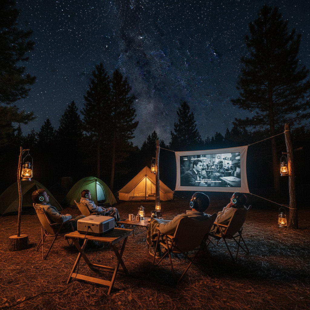 A quiet campsite movie night with a portable projector, people wearing headphones, tents in the background, and a starry evening sky.