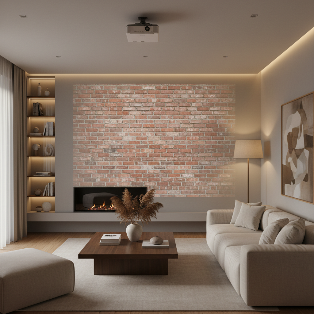 A modern living room wall illuminated by a projector displaying a realistic brick texture under warm ambient lighting.