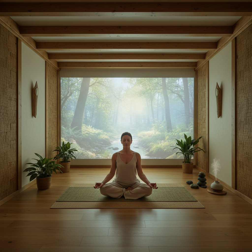A serene home yoga space with a person in a yoga pose and a soft projected nature scene on the wall.