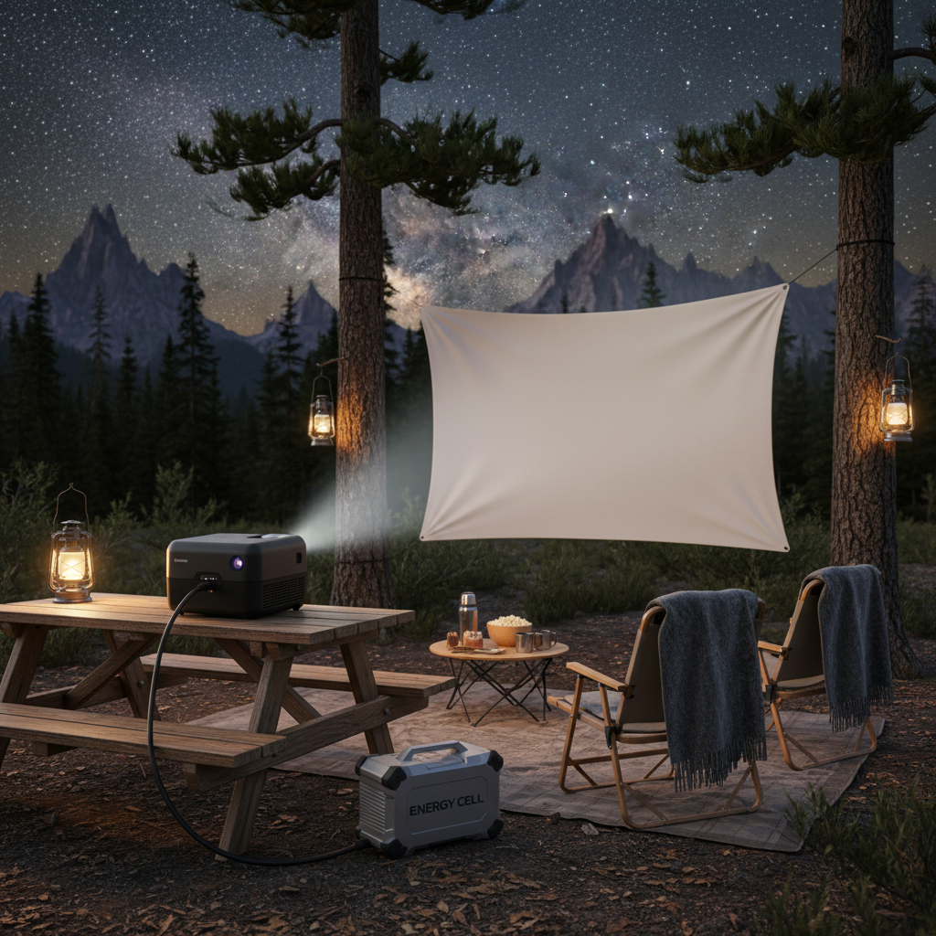 An outdoor movie night at a campsite with a mini projector connected to a power bank under a starry sky.