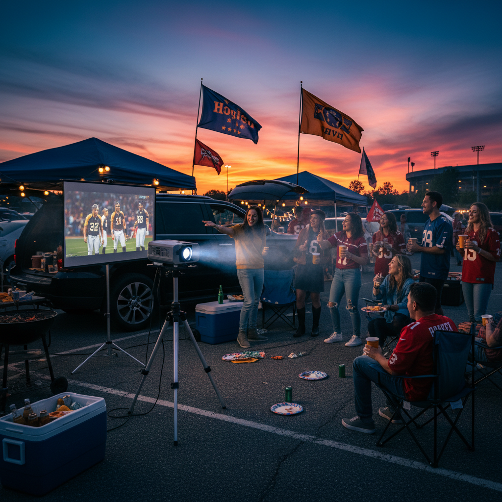 A vibrant tailgating scene in a stadium parking lot at dusk, with friends gathered around a large projected sports game on a portable screen beside an SUV, festive decorations, coolers, and flags.