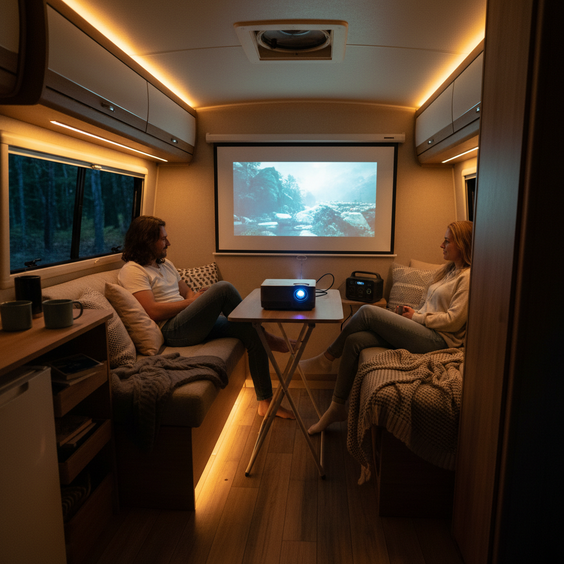 A cozy RV interior at night with a portable projector displaying a movie on the wall, warm lighting, and two people watching comfortably.