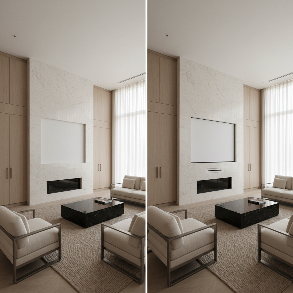A minimalist modern living room with a hidden projector implied, shown as a clean before-and-after style interior transformation.
