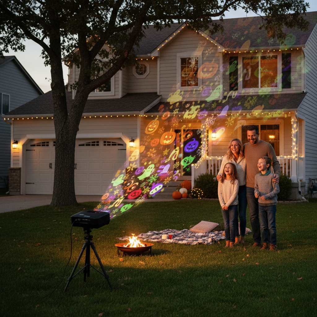 A family enjoys festive holiday projections from a projector decorating a home exterior.