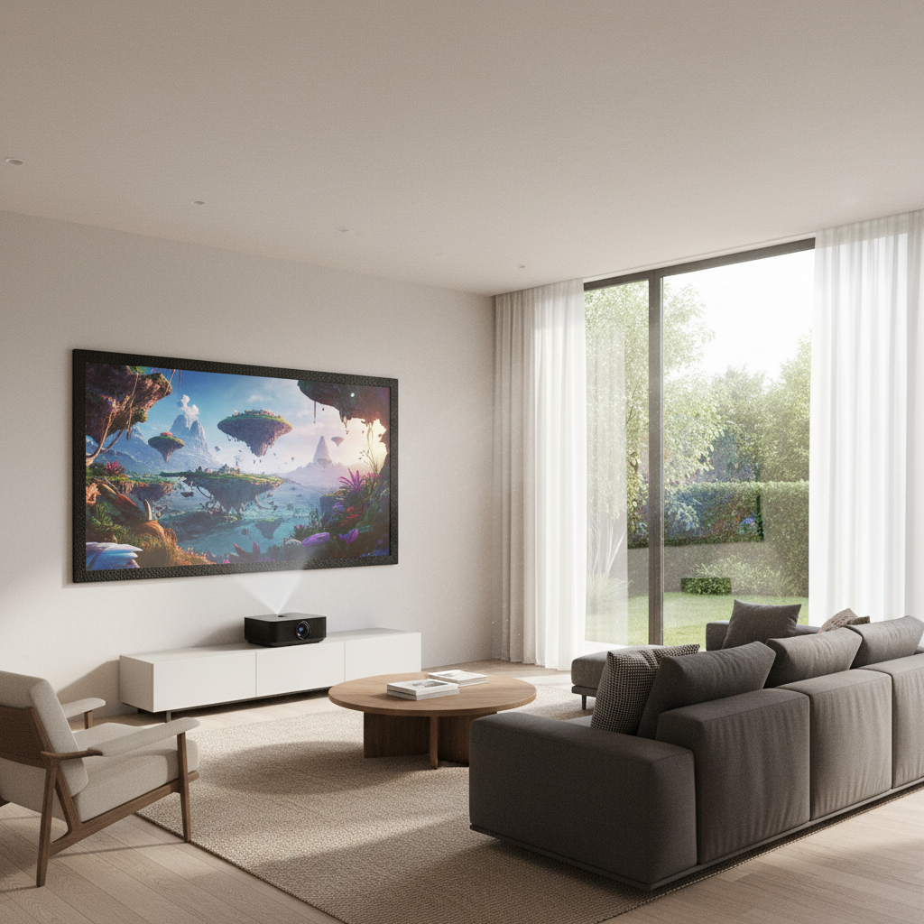 A modern living room with a large projection screen showing a vivid image in daylight, with a UST projector on a console beneath it.
