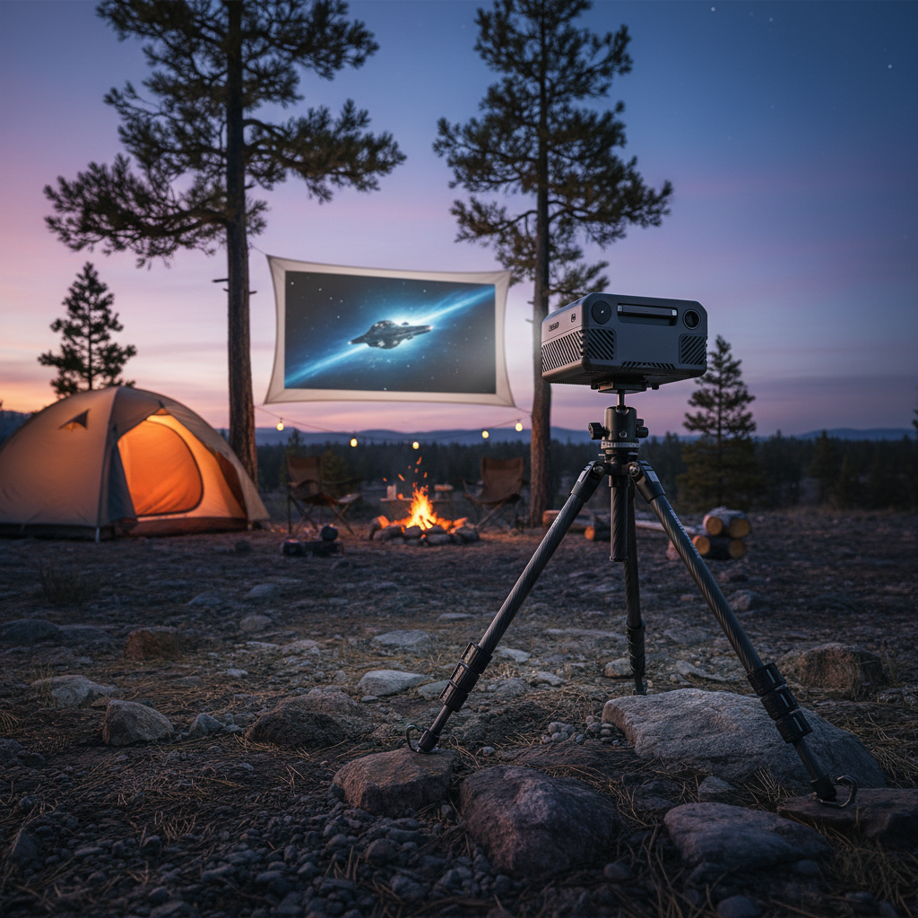 A portable projector securely mounted on a tripod at a rocky campsite at dusk, projecting a clear movie image onto a screen with a stable setup.