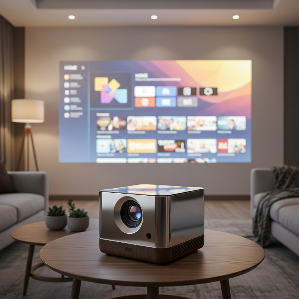 A modern smart projector displaying a streaming interface on a large screen in a cozy living room.