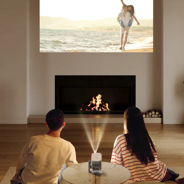 XGIMI HD portable projector projecting a bright Full HD image onto a large screen for home or outdoor entertainment
