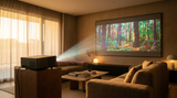 XGIMI projector setup showing immersive home entertainment with large projection screen